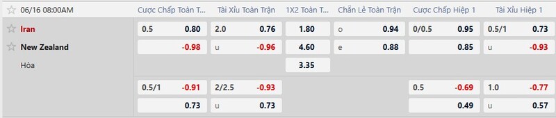 Bảng tỷ lệ kèo trận Iran vs New Zealand